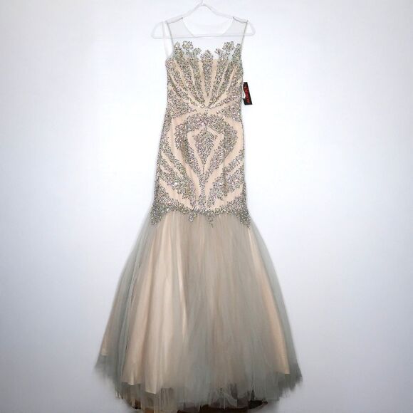 Terani Couture Dress Size 2 Silver Nude Long Trumpet Rhinestones Prom Homecoming - Picture 3 of 14